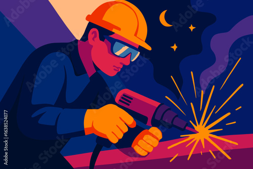A worker wearing protective gear and safety equipment grinds metal as part of industrial welding operations