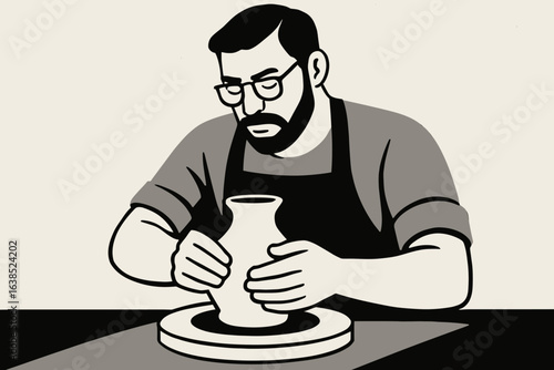 Minimal black outline drawing of a male potter shaping clay on a wheel, vector line art of ceramic work