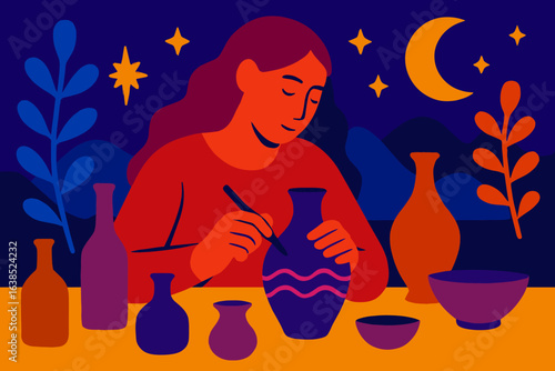 Floral arrangement being created by a woman, depicted in a woodcut style illustration of a hobby activity