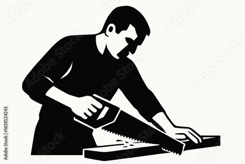 Carpentry emblem with illustration of carpenter using planing tool, woodwork joinery symbol, woodworking logo or badge vector icon