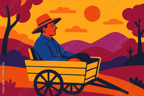Illustration of a smiling man in a traditional rickshaw set against a village backdrop, created using woodcut techniques