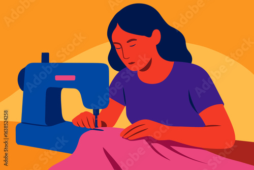 A self-assured woman works with a sewing machine and scissors in a creative area dedicated to fashion design and textile crafting