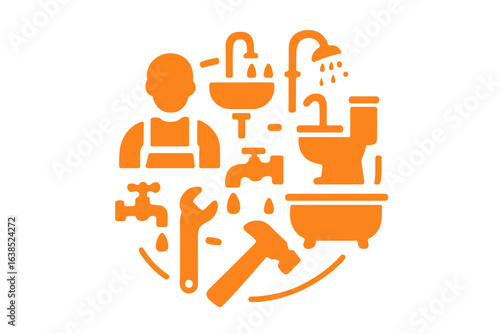 A set of orange plumbing service icons shows different jobs and tools that plumbers use, drawn in a silhouette style