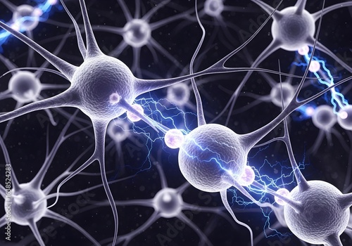 Cluster of neurons transmitting bright electric impulses through axons, conceptual brain communication and synaptic activity in 3D rendering