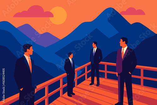 Vector flat illustration of a team of male constructors building a modern wooden house near a river, with a group of craftsmen performing construction work using equipment such as a sawing machine