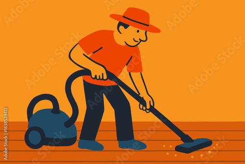 A skilled cartoon character meticulously tidies the woodworking area using a robust suction device