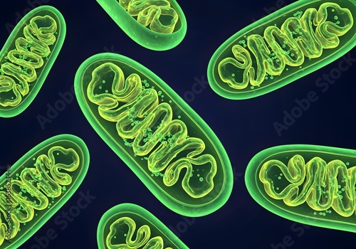 Multiple glowing green mitochondria with detailed yellow cristae on dark background, conceptual ATP energy production and cellular metabolism illustration