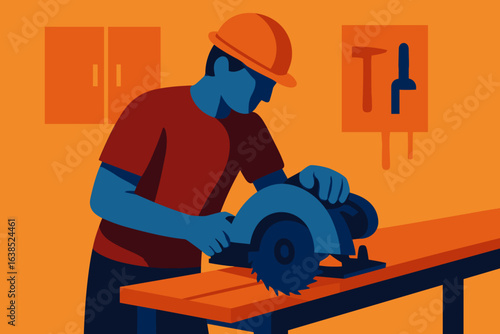 A carpenter is shown in silhouette using a circular saw on sawhorses set against a plain white background
