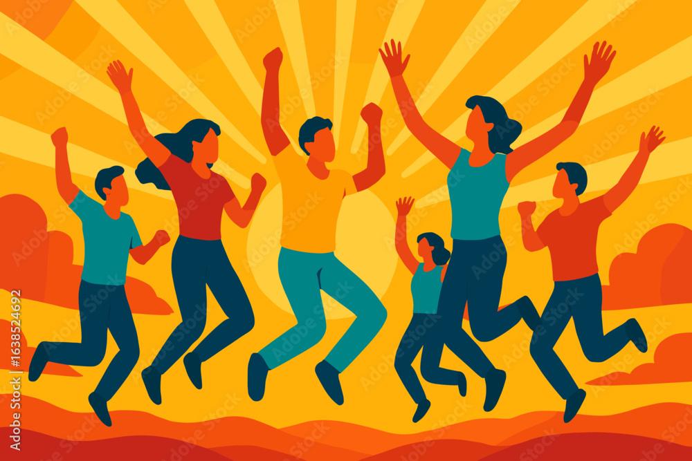 Fototapeta premium A group of happy people are celebrating a holiday or success with fun and joy, depicted as smiling characters jumping up together in a flat vector illustration isolated on a white background