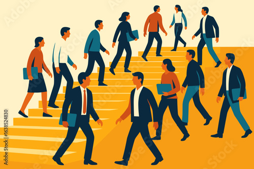 Stylized depiction of multicultural individuals ascending stairs in various trajectories