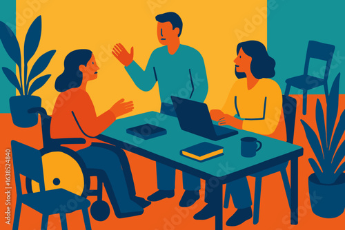 Office workers demonstrate resilience by inclusively brainstorming with a colleague who has a disability
