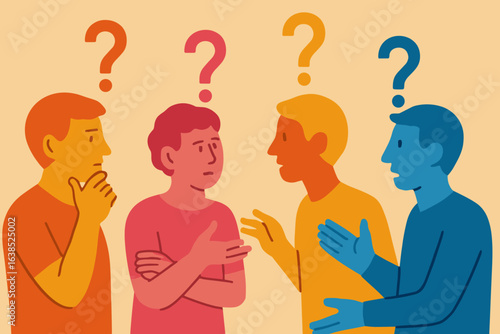 Flat cartoon vector illustration of a collection of diverse thoughtful people, including six smart men and women thinking or solving a problem, surrounded by thought bubbles as a set of pensive boys