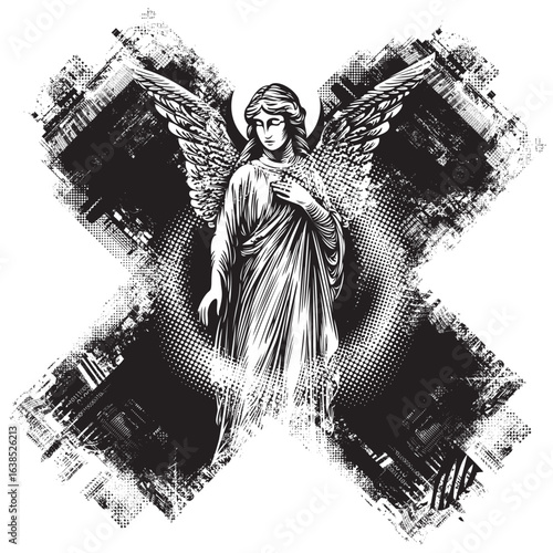 Vector banner with angel and radiation hazard sign on pixel background. On urbanism, street art, nuclear war, apocalypse and religion. T-shirt design, tattoo, poster, music or book cover. No AI used
