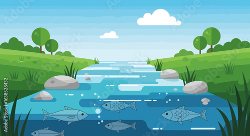 Stylized river landscape with swimming fish, green hills, and a clear sky
