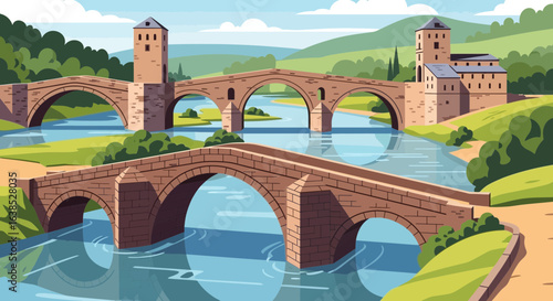 Picturesque illustration of ancient bridges spanning a tranquil river landscape