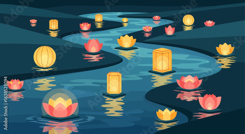 Nighttime river with floating flower lanterns and serene ambiance