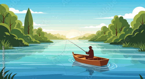 Serene lakeside fishing scene with silhouetted fisherman and tranquil water