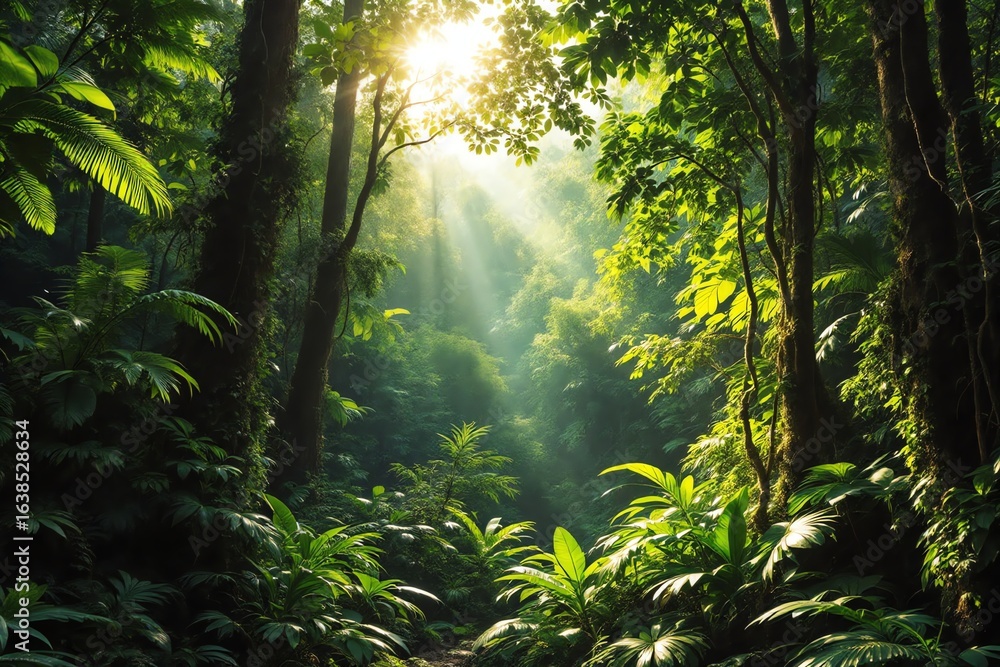 Obraz premium Sunlit Tropical Rainforest Serene Path Nature Green Jungle Canopy