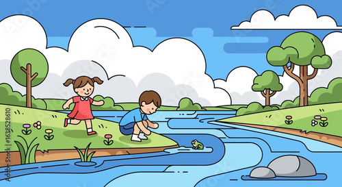 Animated scene of children interacting with nature along a flowing river