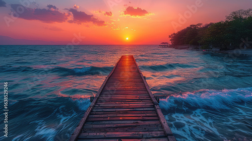 Tranquil sunset pier, warm colors paint sky and sea as waves gently lap against the wooden planks.