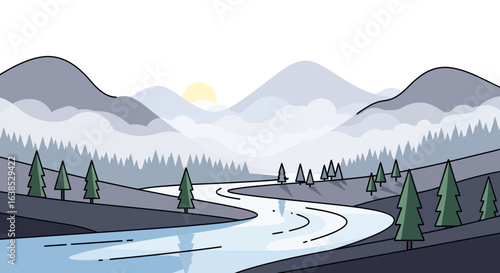Serene mountain landscape with river, trees and foggy horizon illustration