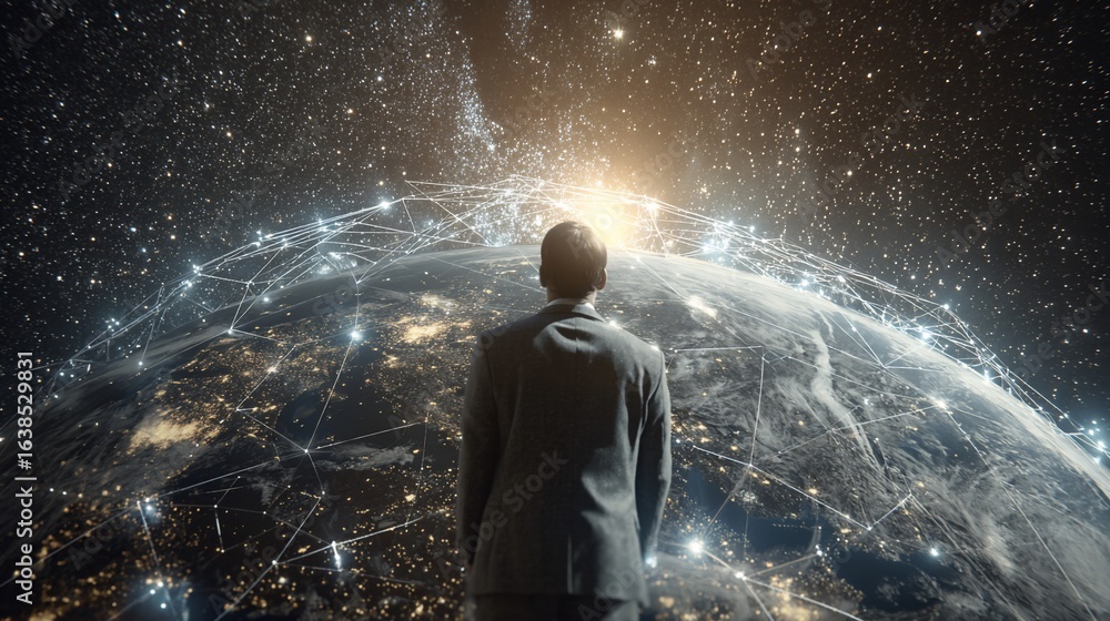 Obraz premium Business Person Observes Global Network and Data Connections from Earth's Surface