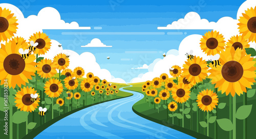 Scenic vista featuring vibrant sunflower fields alongside a meandering stream