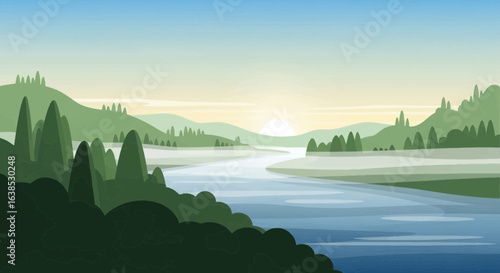Serene vector landscape with river flowing through verdant hills at sunrise