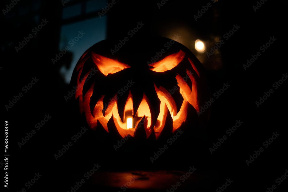 Naklejka premium Halloween Jack-o'-Lantern: Isolated Pumpkin on a Black Background 
