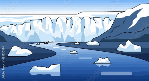 Serene arctic landscape illustration featuring icebergs and glacier scenery
