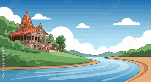 Stylized riverside temple illustration with a serene and bright atmosphere