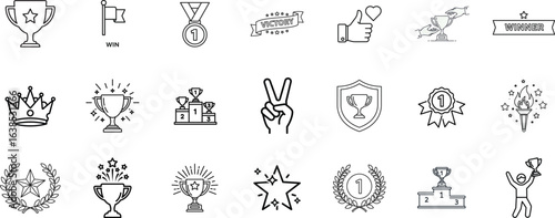 Victory, achievement line icon set. Vector pictograms of trophy, first place medal, celebration, laurel wreath, crown, and winner podium thin linear illustration. Afficher moins
