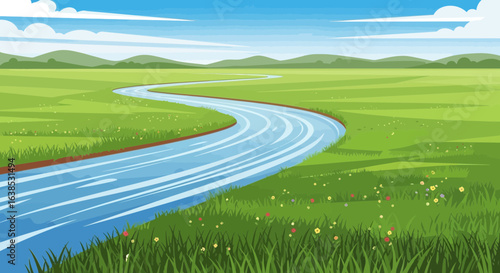 Scenic winding river flowing through a lush green meadow landscape vector illustration