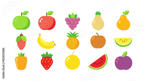 Assortment of colorful cartoon style fruits including apples grapes and tropical fruits arranged nicely
