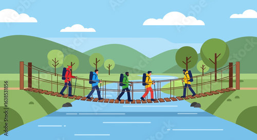 Group of hikers traversing a suspension bridge over a river in nature