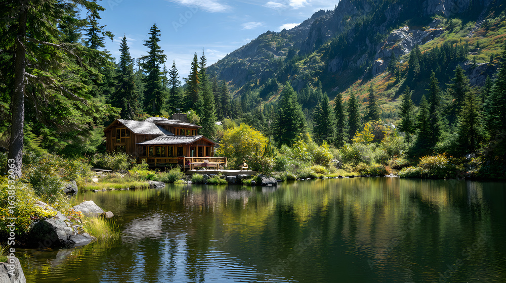 Fototapeta premium Mountain lake house, scenic view, summer
