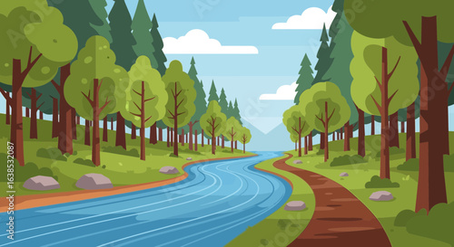 Serene River Landscape with Forest and Pathway, A Colorful Nature Scene
