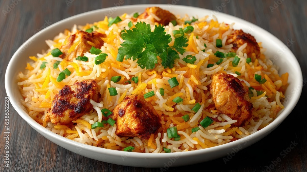 A plate of rice and chicken with green herbs on top A plate of rice and chicken with green herbs on top