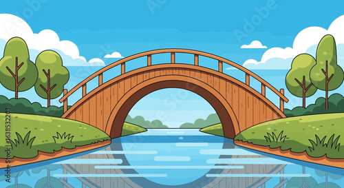 Stylized bridge illustration across a tranquil river under a bright sky