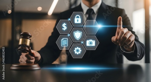 Generative AI of a Lawyer with Gavel Interacting with a Virtual Interface of Security and Finance Icons