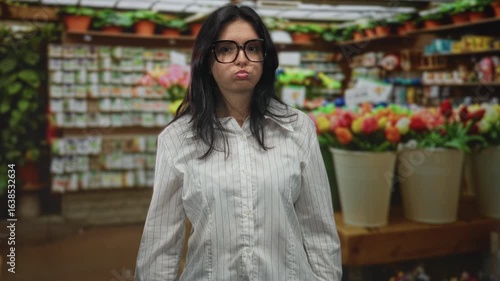 Wallpaper Mural Woman wearing glasses touches cheeks near vibrant tulip pots on wooden displays in market aisle; playful curiosity. Torontodigital.ca