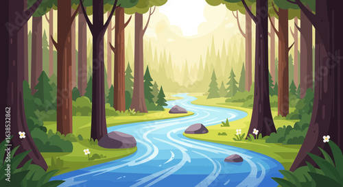 Tranquil cartoon forest scene with winding river and stylized trees