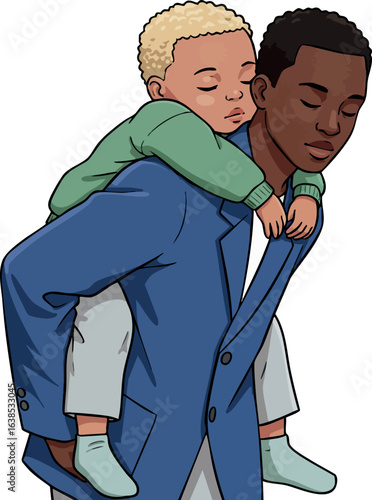 Father giving piggyback ride to son in blue coat and green sweater vector illustration 