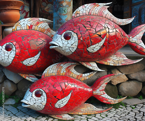 Volumetric mosaic of fish from pieces of ceramic tiles