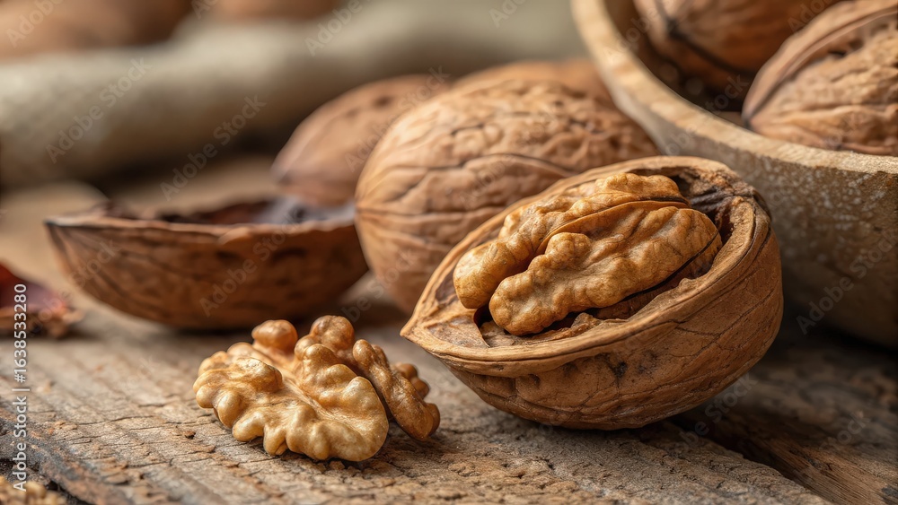 Close up of cracked walnuts on a wooden surface with a bowl of walnuts Close up of cracked walnuts on a wooden surface with a bowl of walnuts