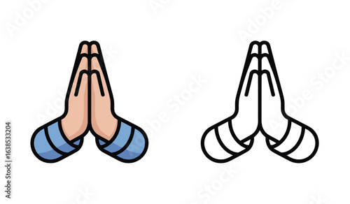 Hands Pressed Together Gesture Visualized in Color and Outline Variants of Prayer and Thankfulness