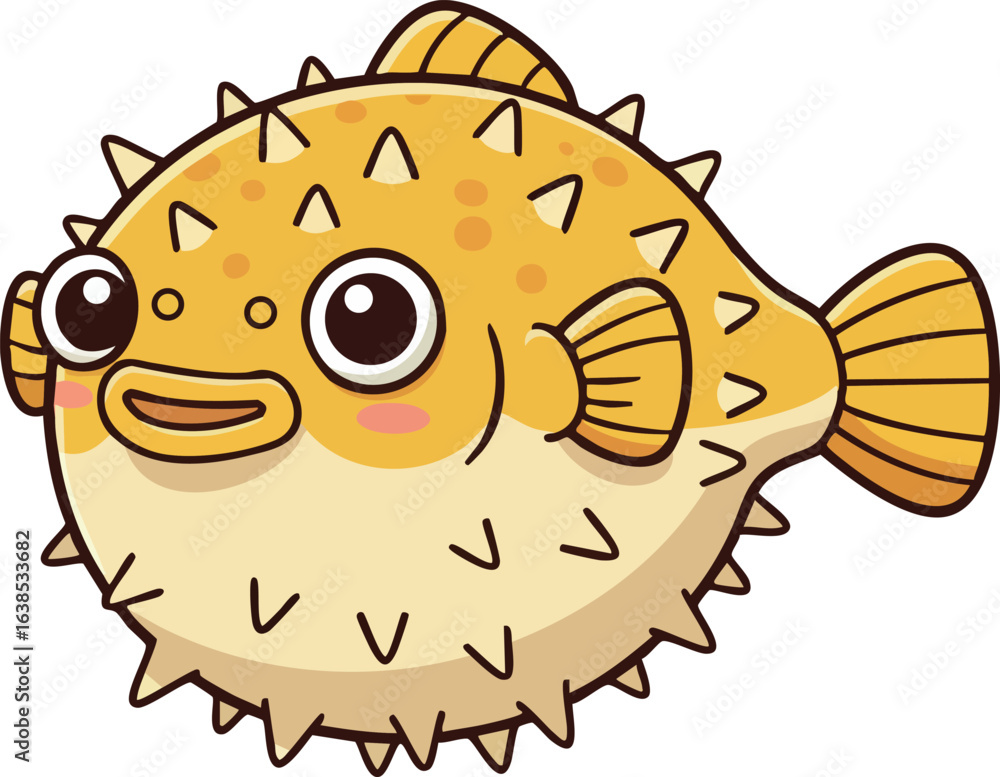 Obraz premium Cute yellow puffer fish cartoon vector illustration with spikes and big eyes