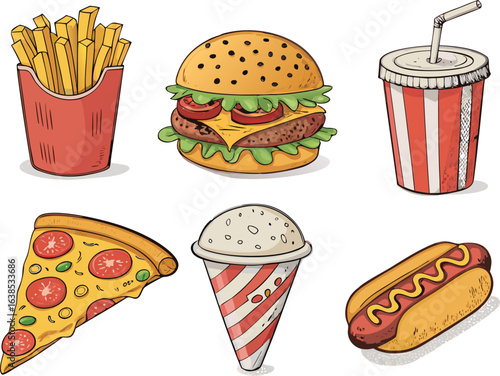 A cartoon illustration of various fast food items including burger fries pizza and a hot dog on white
