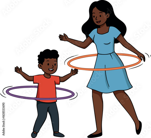Mother and son playing with colorful hula hoops together in casual clothing vector illustration 