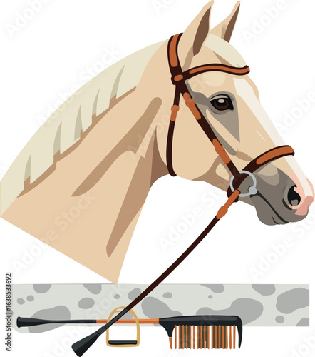 Horse head with bridle and grooming tools vector illustration in natural colors 